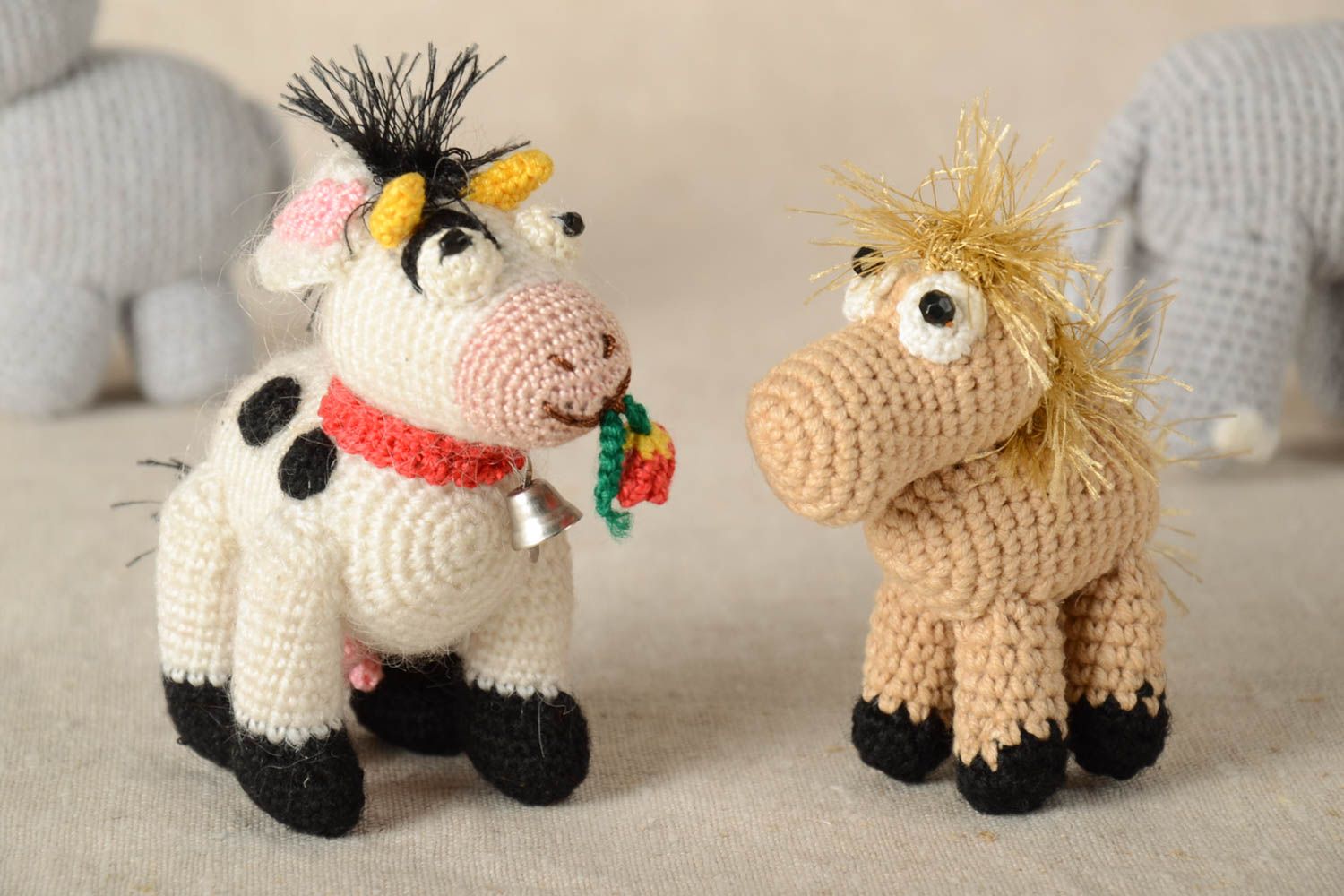 Handmade designer crocheted toy natural wool horse and cow unique interior toys photo 1