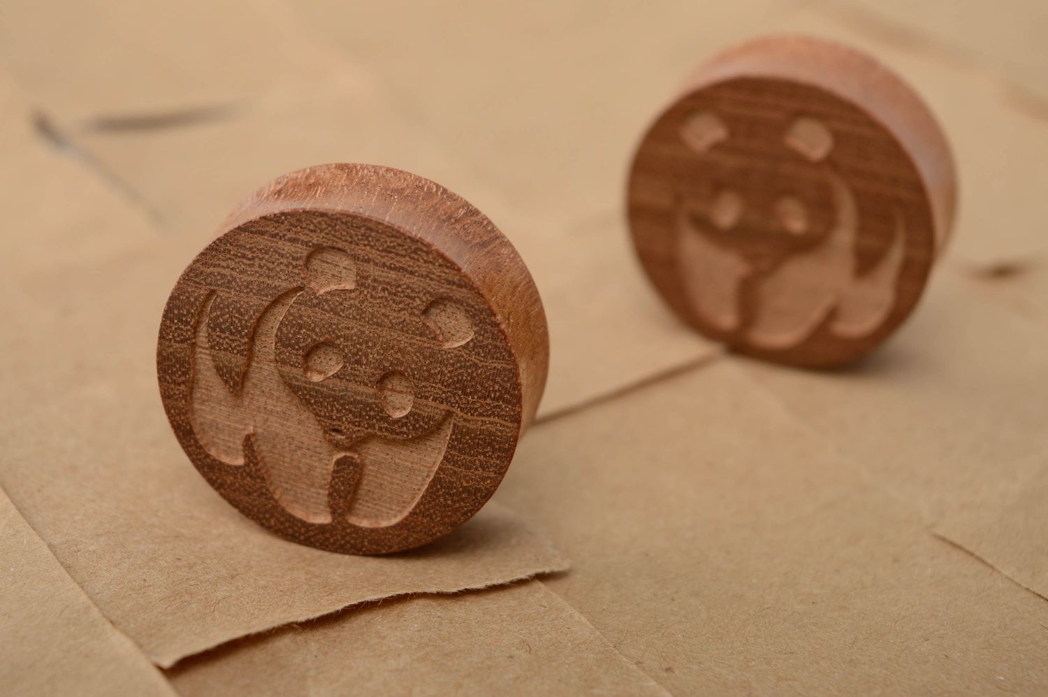 Wooden ear plugs with engraving in the shape of bears photo 4