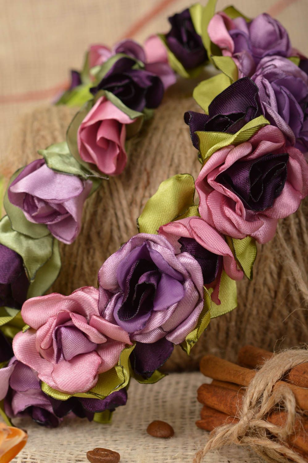 Set of 2 handmade decorative designer headbands with violet kanzashi flowers  photo 1