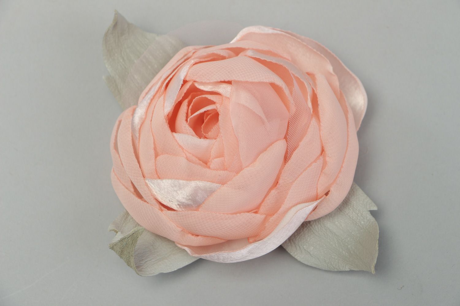 Handmade tender pink chiffon fabric flower brooch with leather leaves  photo 1