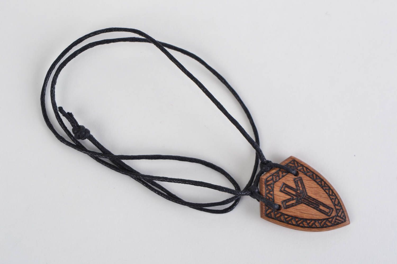 Unisex handmade designer ethnic wooden pendant on cord with pyrography decor photo 1