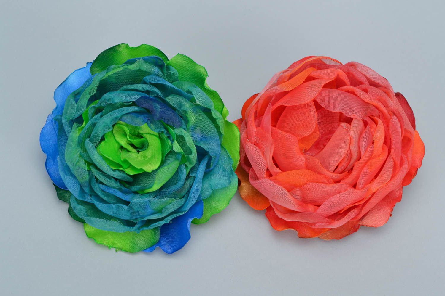 Pink and blue handmade designer organza and satin flower hair clips 2 pieces photo 4