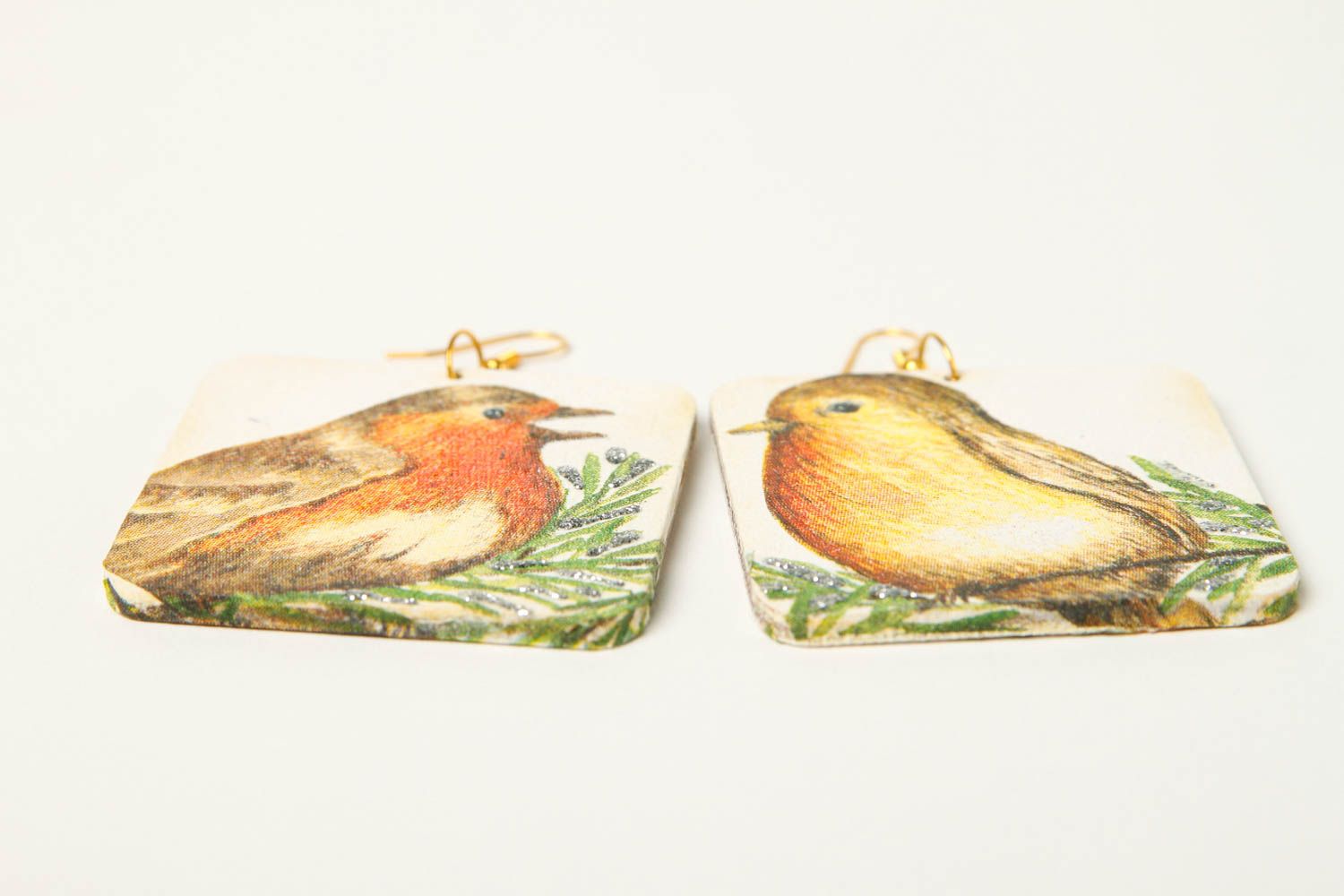 Handmade earrings wooden designer earrings bird patterns decoupage accessories photo 4