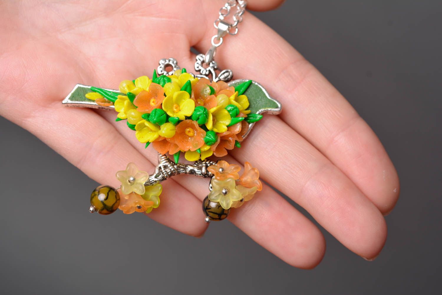 Handmade necklace with polymer clay flowers on a  metal chain photo 2