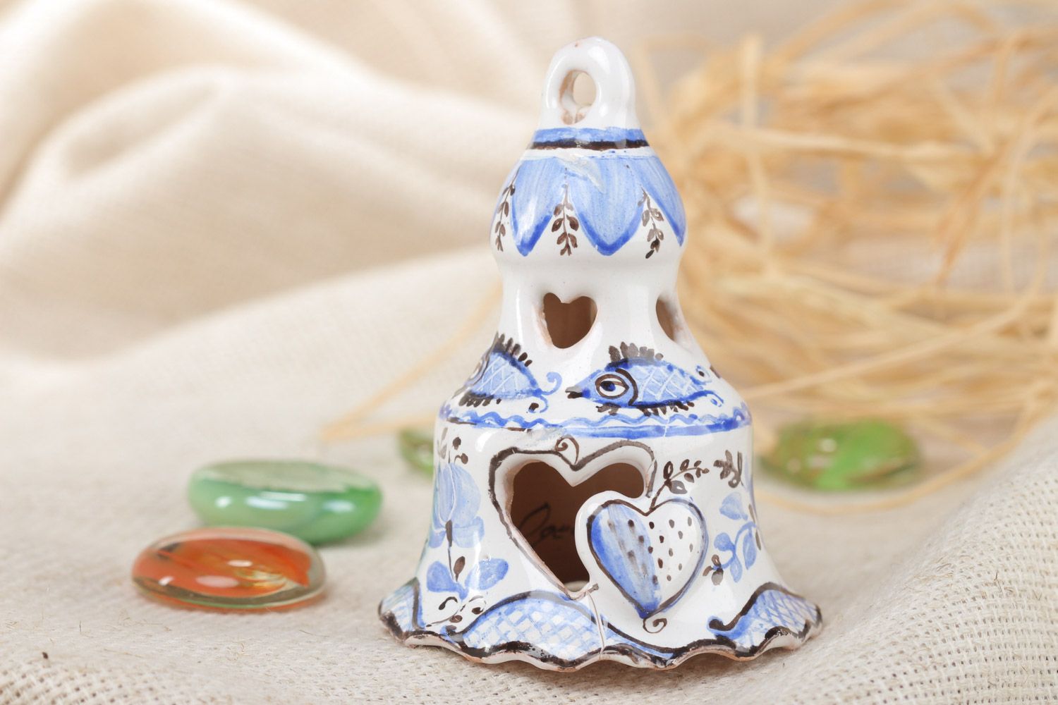 White handmade ceramic bell painted with enamel photo 1