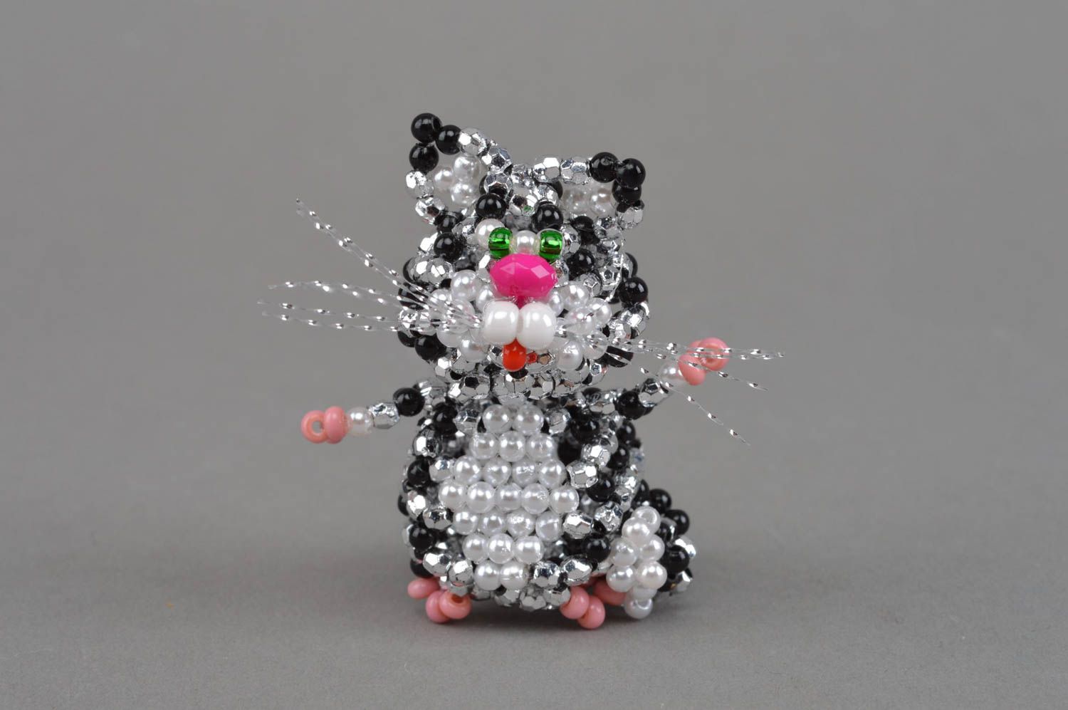 Miniature collectible designer beaded animal figurine of cat handmade decor photo 3