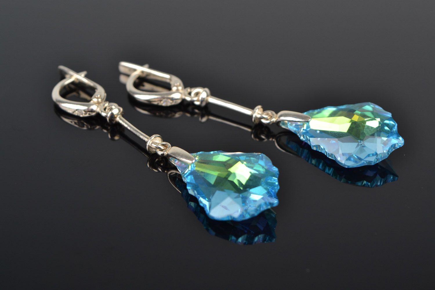 Handmade festive long evening earrings with Austrian stones of blue color photo 4
