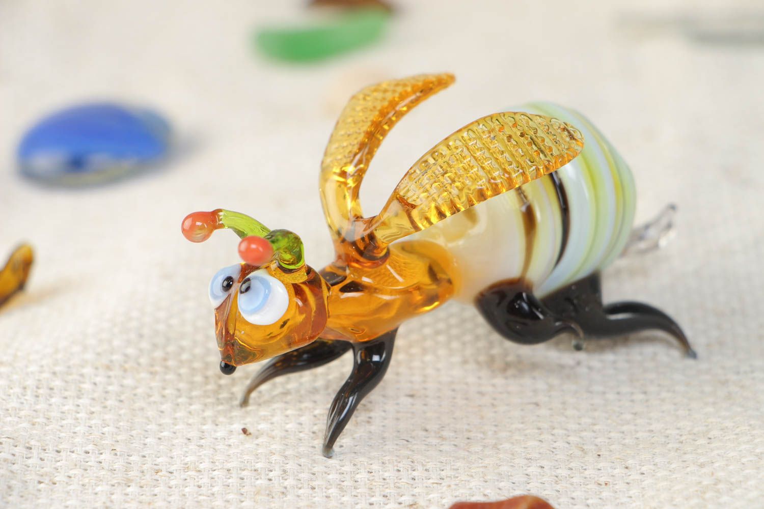 Handmade designer collectible miniature lampwork glass figurine of colorful bee photo 1