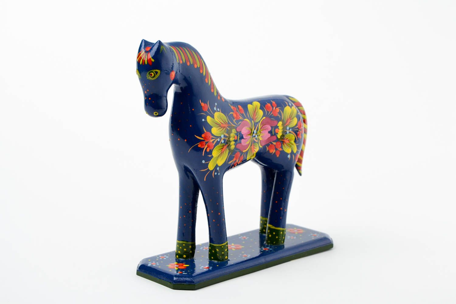 Statuette cheval en bois faite main peinte bleue à motifs Décoration maison photo 3