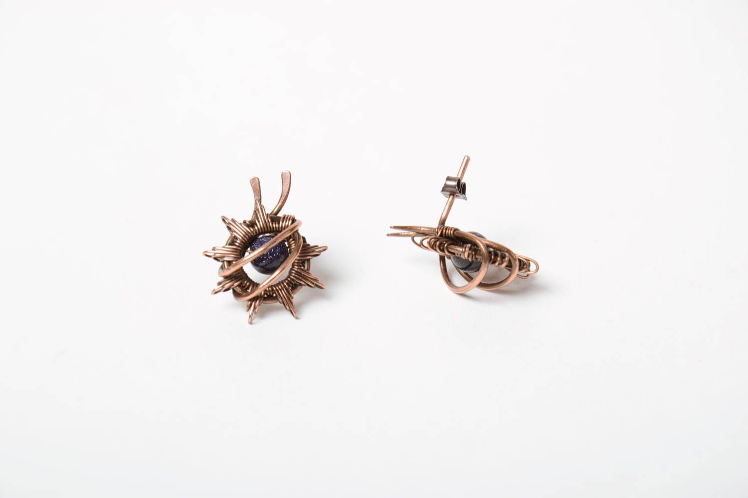 Handmade small wire wrap copper stud earrings with dark aventurine beads photo 3
