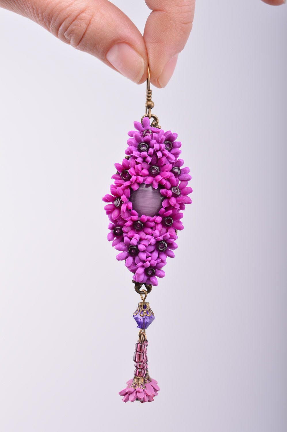 Handmade bright violet polymer clay long dangle earrings with flowers for women photo 1