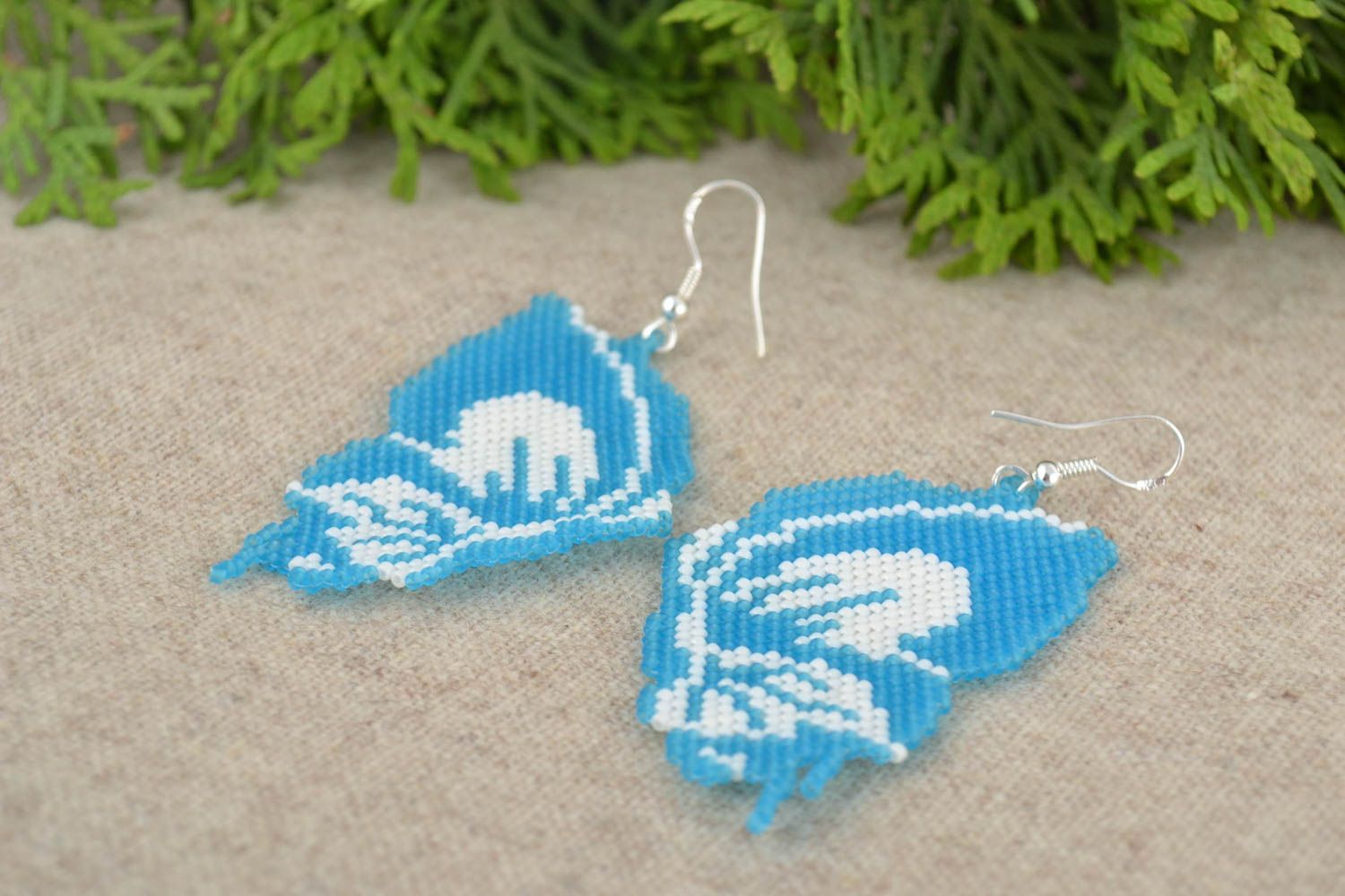 Unusual beautiful blue earrings woven of Japanese beads Butterflies photo 1