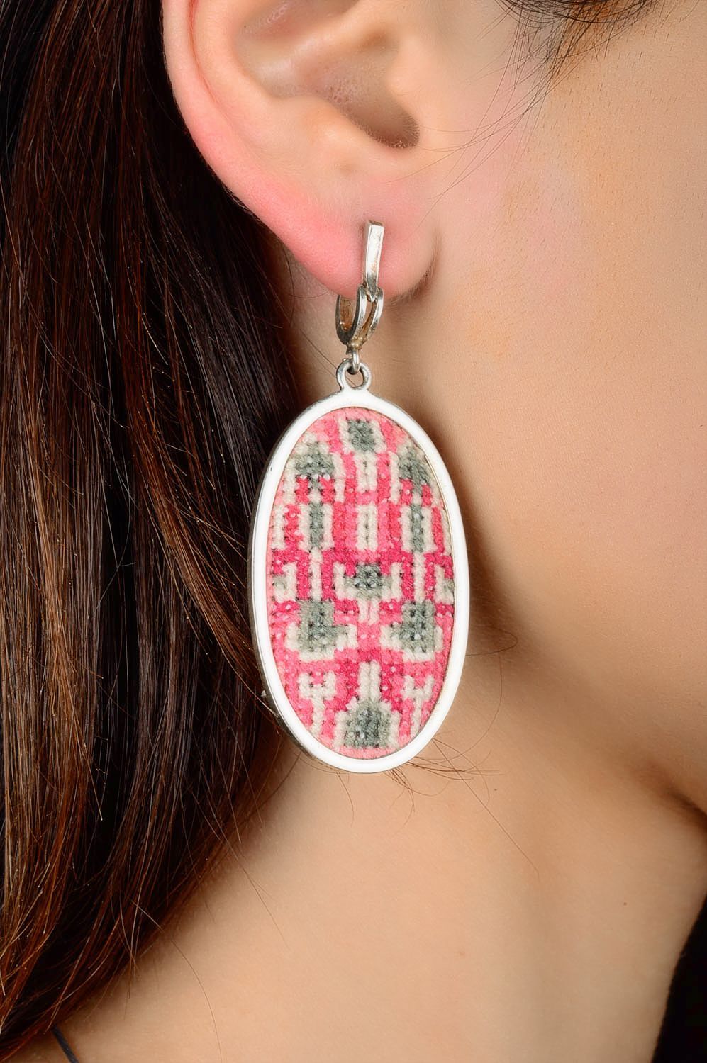 Female earrings with charms embroidered handmade earrings silver accessory photo 3