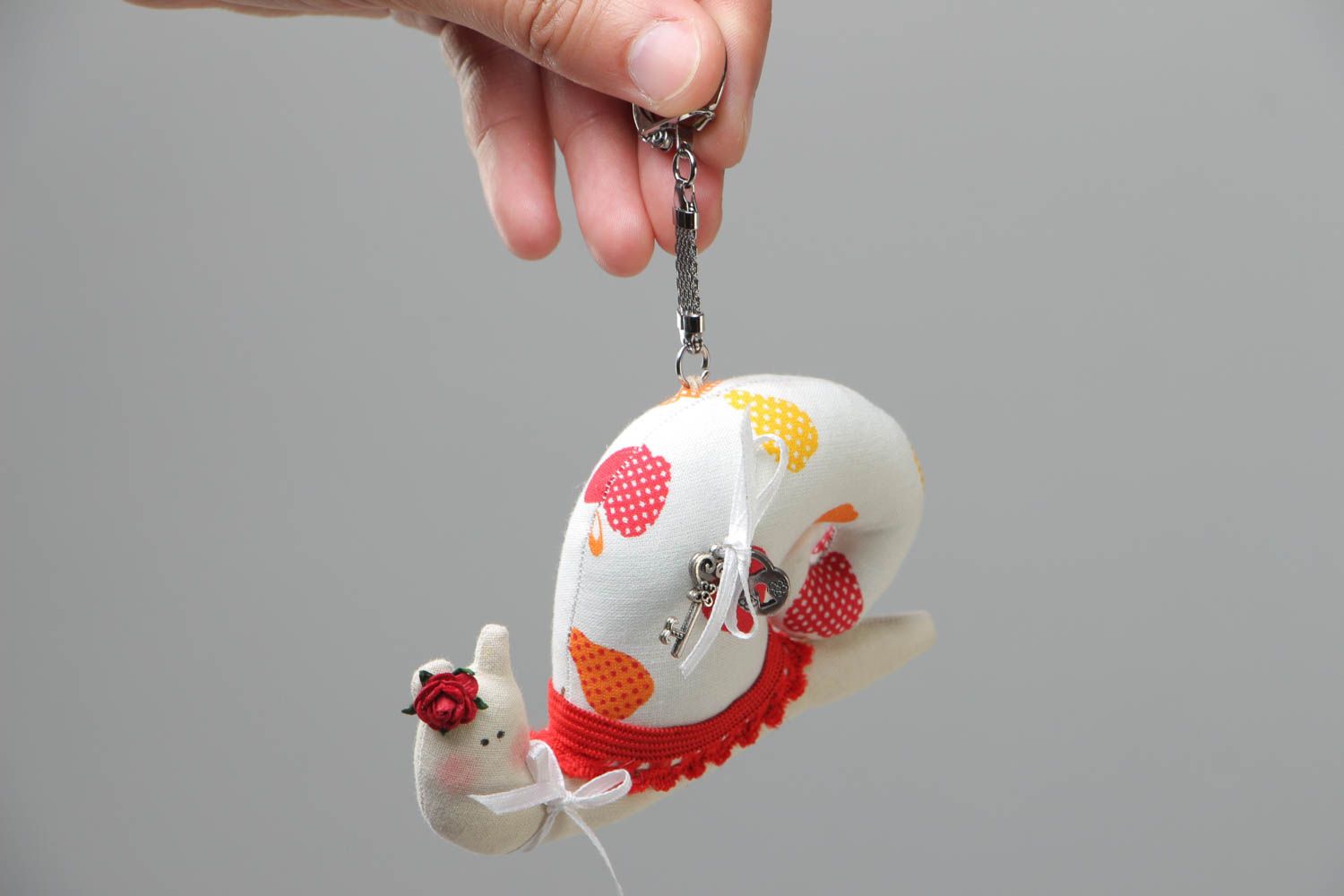 Handmade stuffed animal keychain in the shape of snail sewn of cotton fabric photo 5