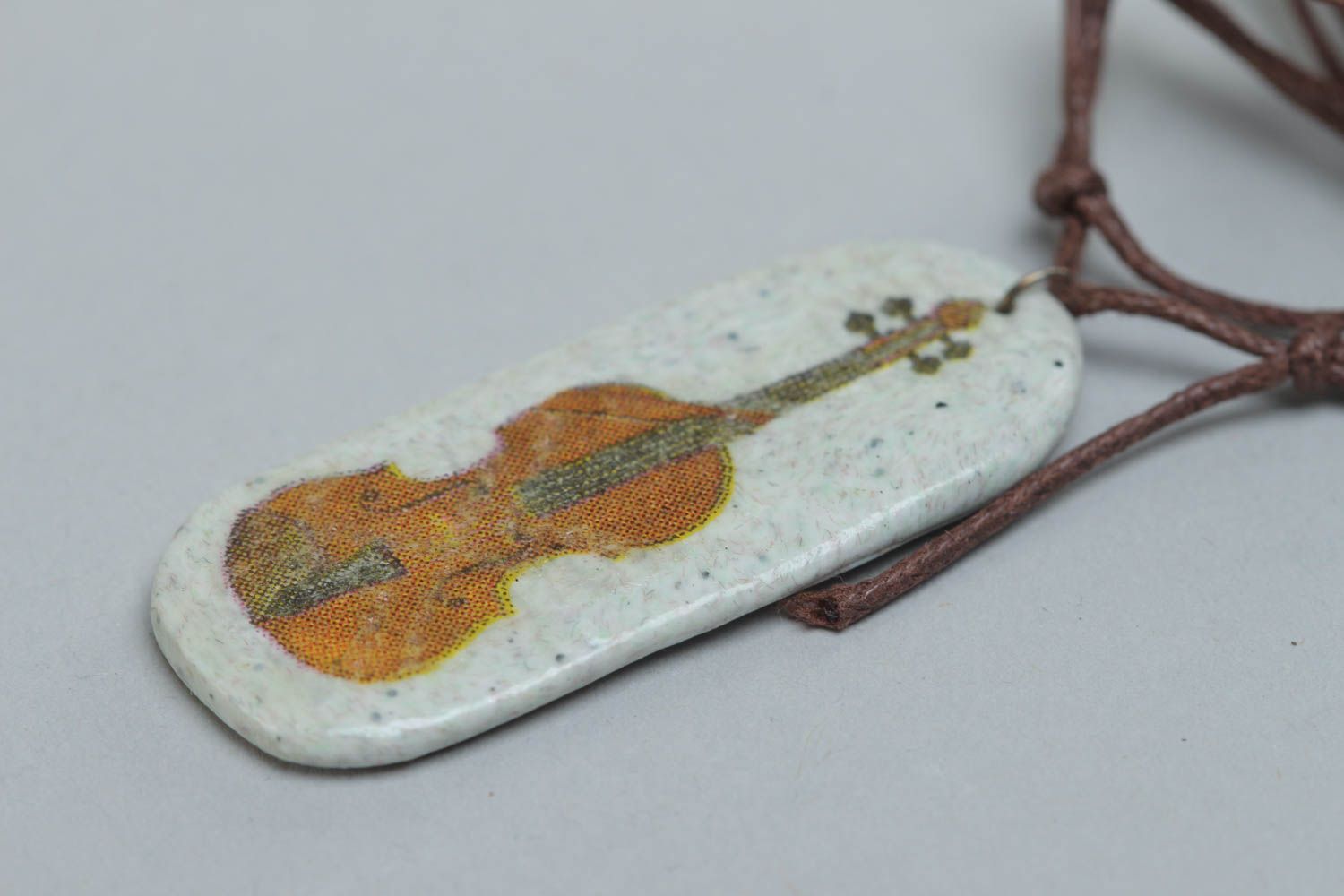 Handmade white long polymer clay pendant necklace with bass viol image on cord photo 3