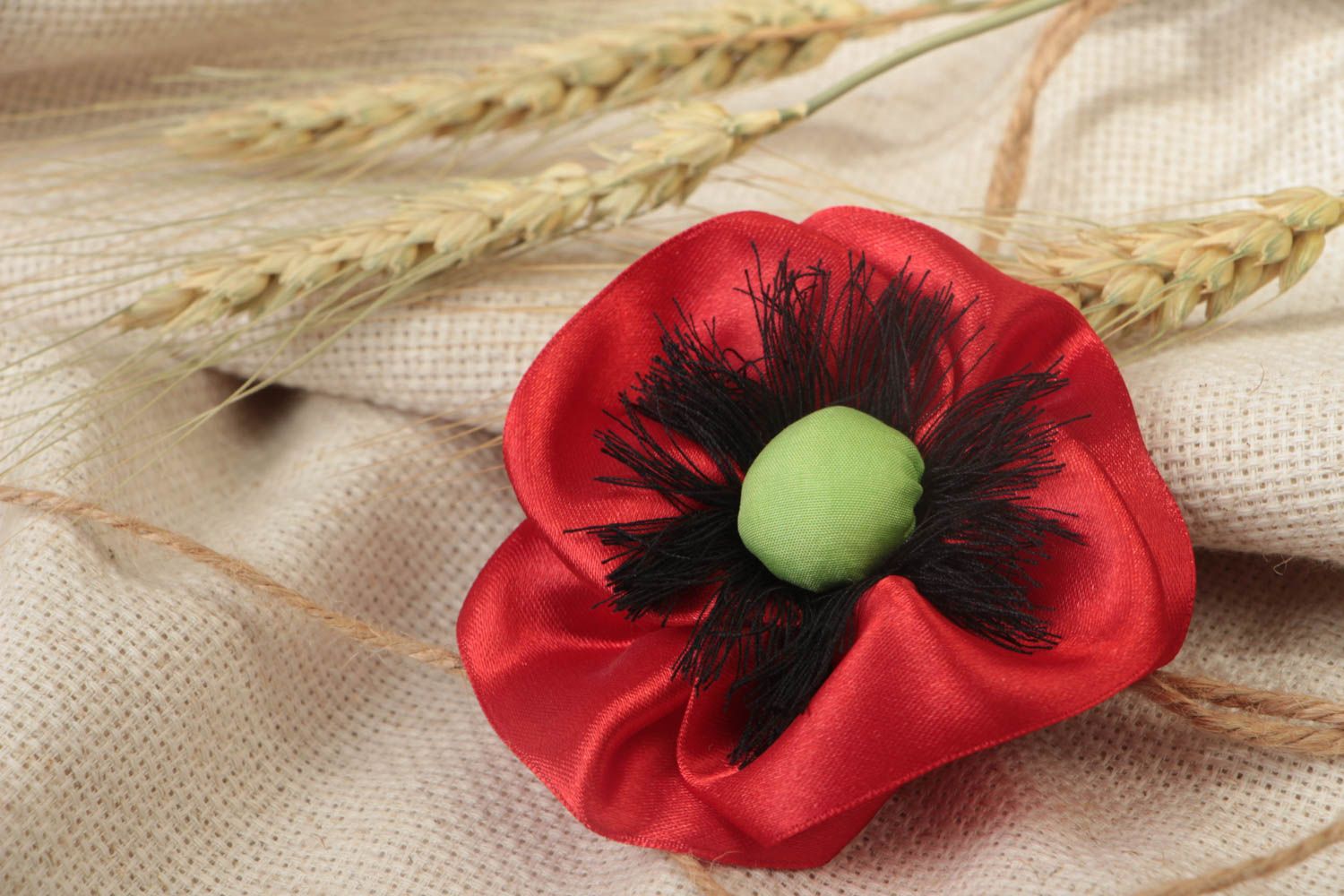 Hairpins made of satin handmade beautiful red poppy designer hair accessory photo 1