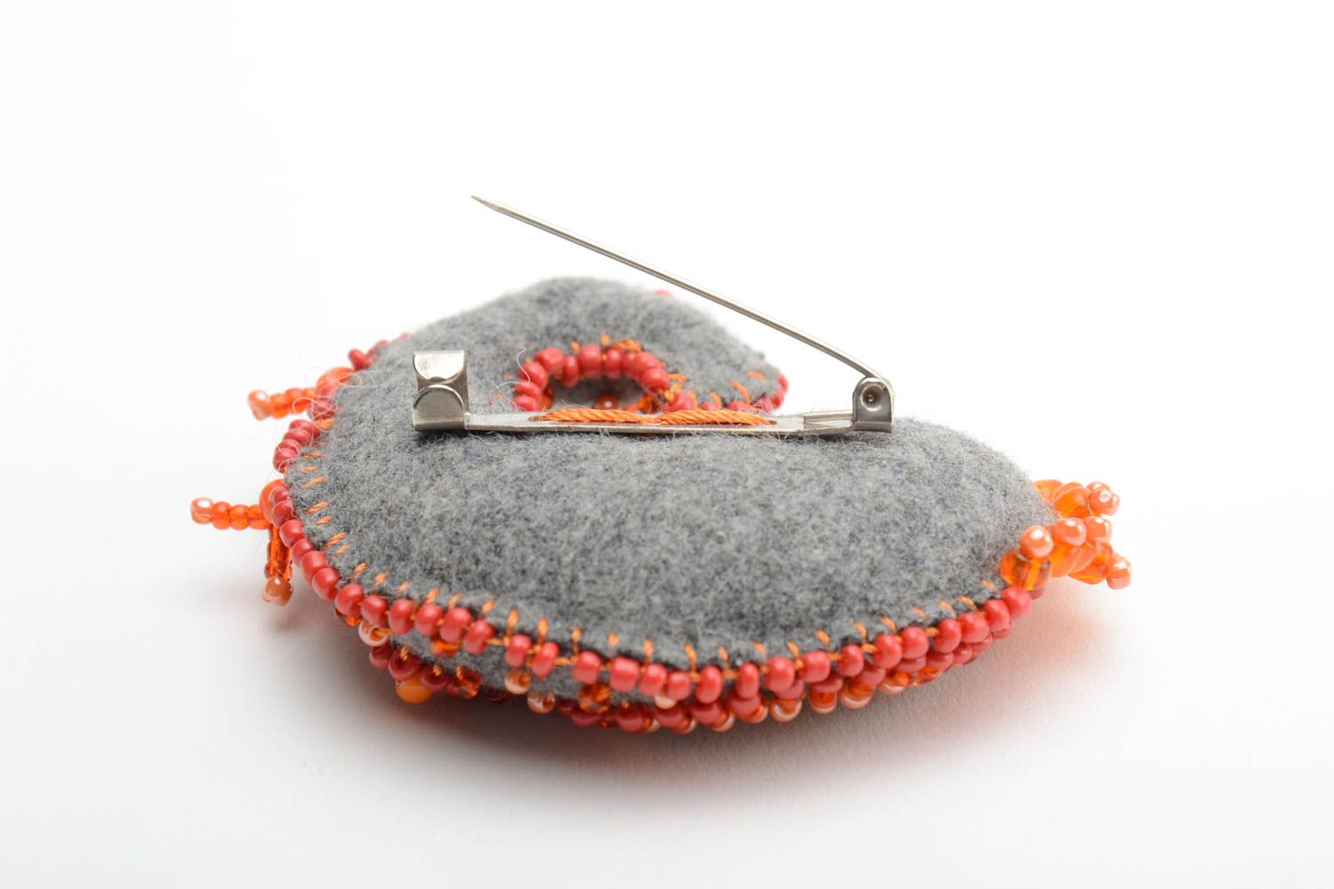 Designer handmade gray woolen brooch embroidered with beads and threads Fish photo 3
