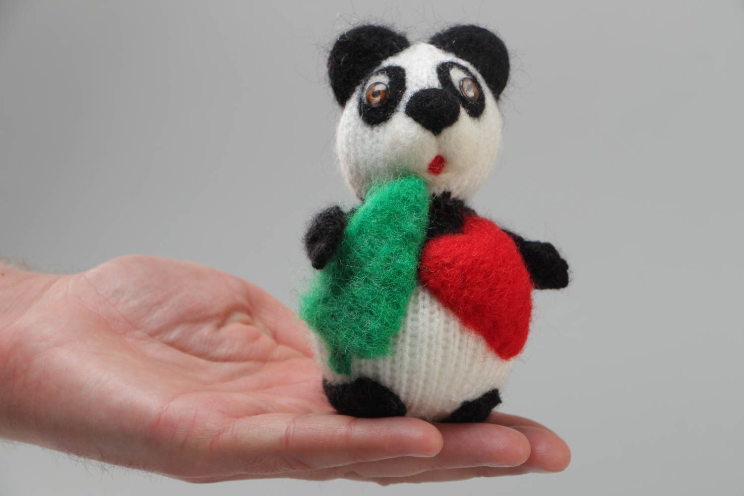 Handmade soft toy crocheted of acrylic  threads in the shape of funny panda bear photo 5