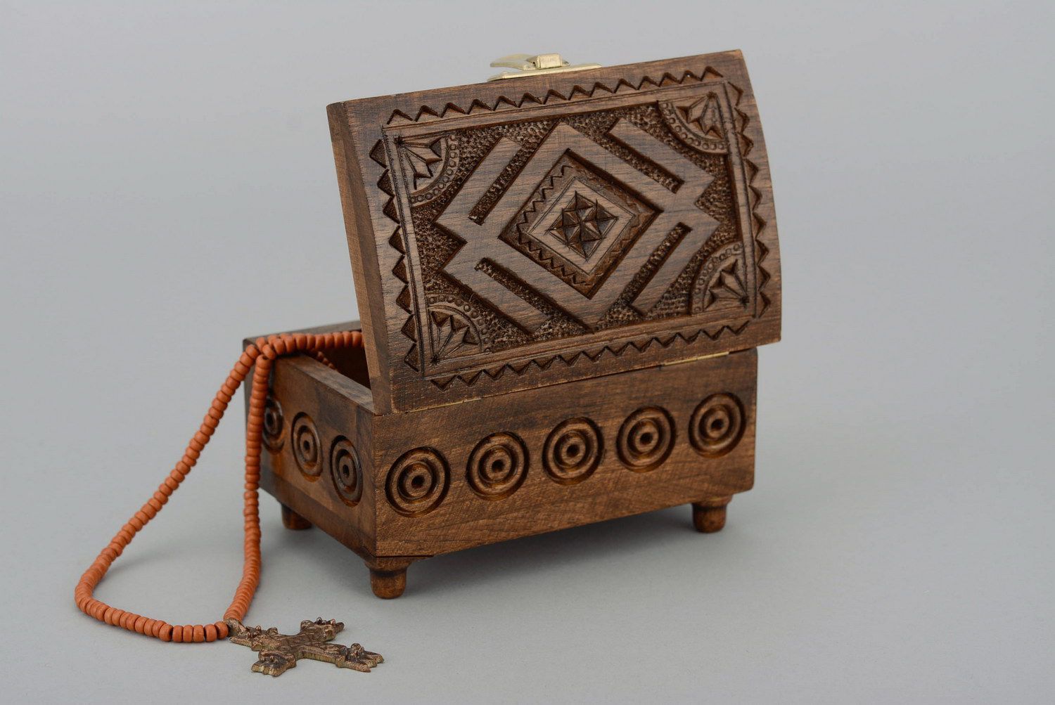 Scatola di legno fatta a mano cofanetto intagliato scrigno per gioielli foto 1
