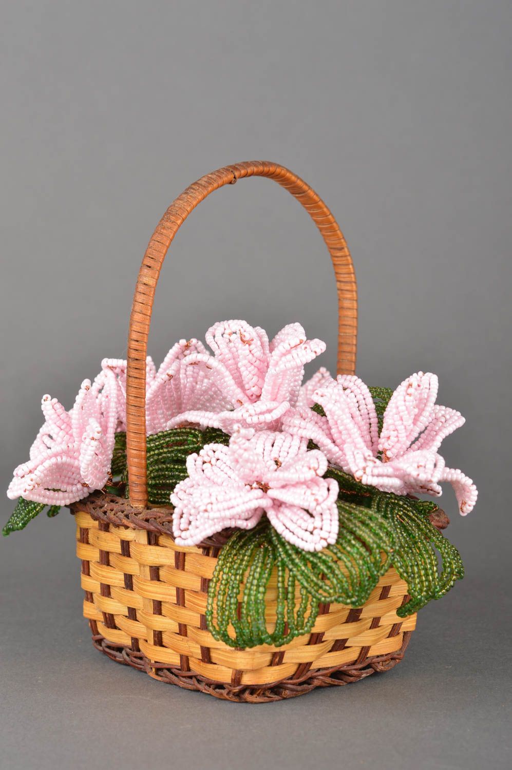 Handmade beautiful basket with pink peonies made of beads for home decor photo 5
