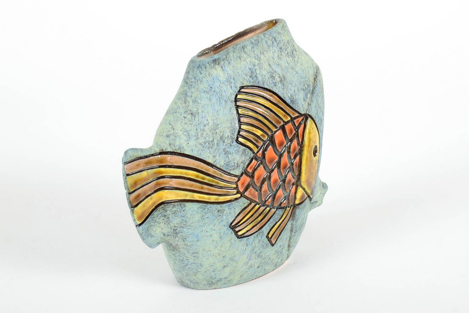 7 inches tall square ceramic vase with Gold fish painting great gift for fisherman 1,25 lb photo 3