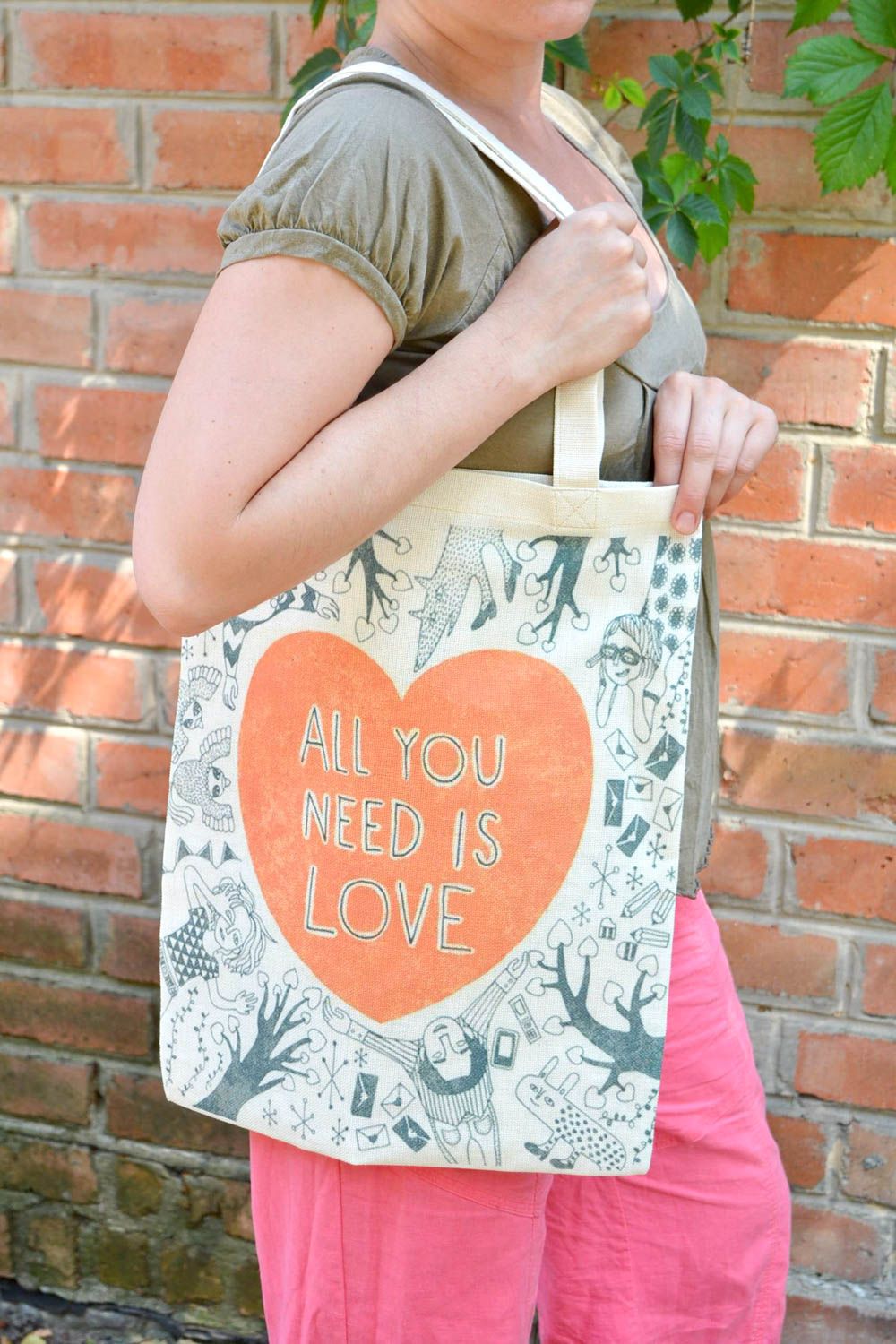 Handmade fabric women's designer bag with print All you need is love photo 1