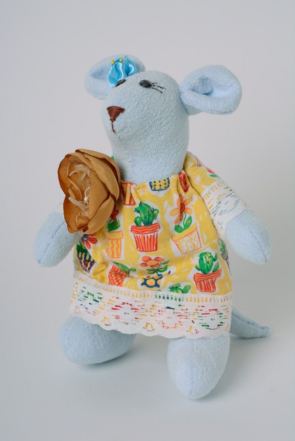 Handmade designer fabric soft toy in blue flower dress Mouse photo 1