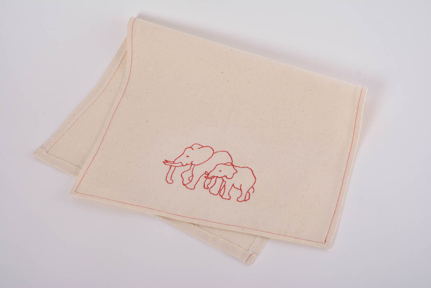 Stylish handmade designer semi linen fabric napkin with embroidered elephants photo 1
