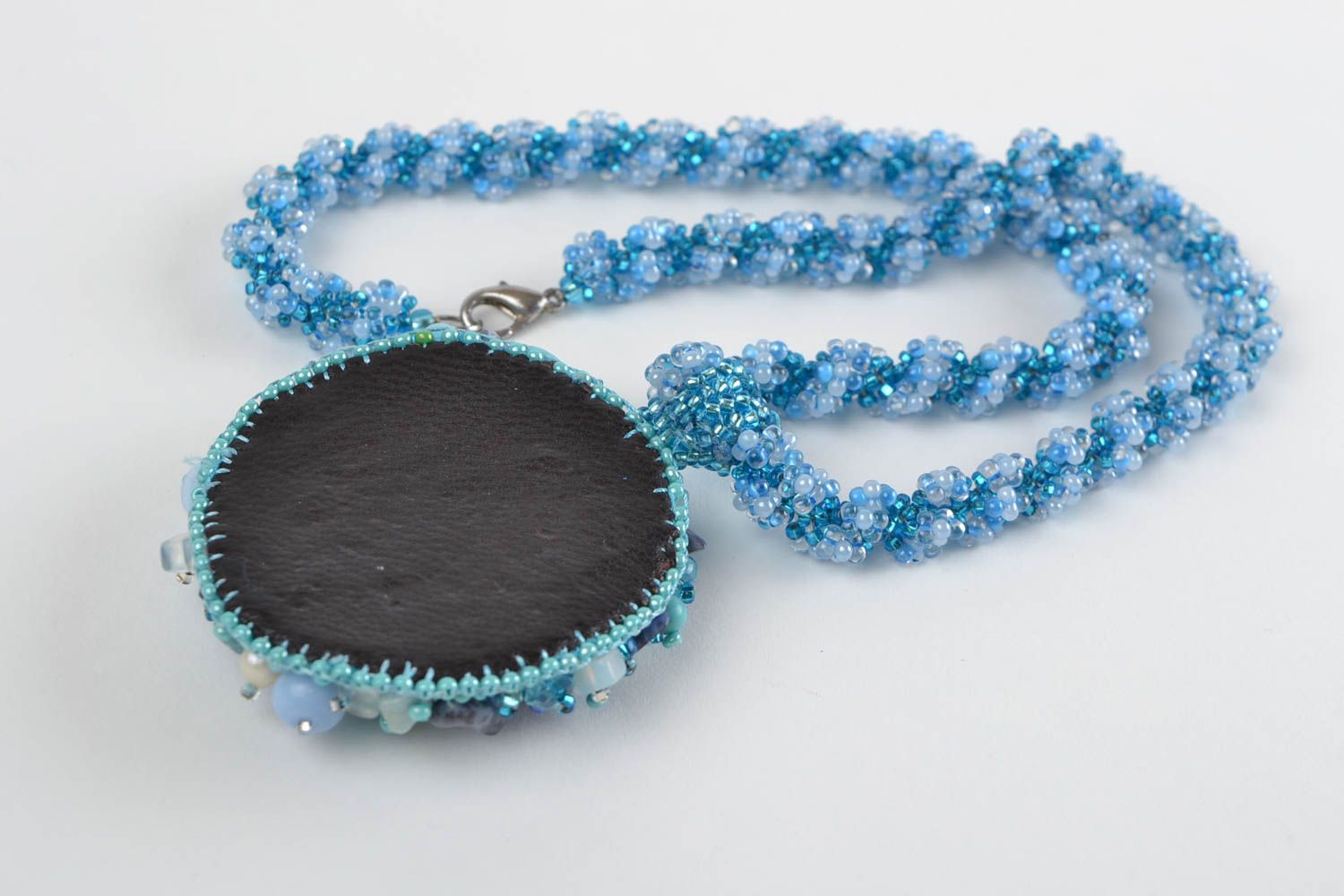 Unusual handmade designer blue beaded necklace with natural stones photo 5