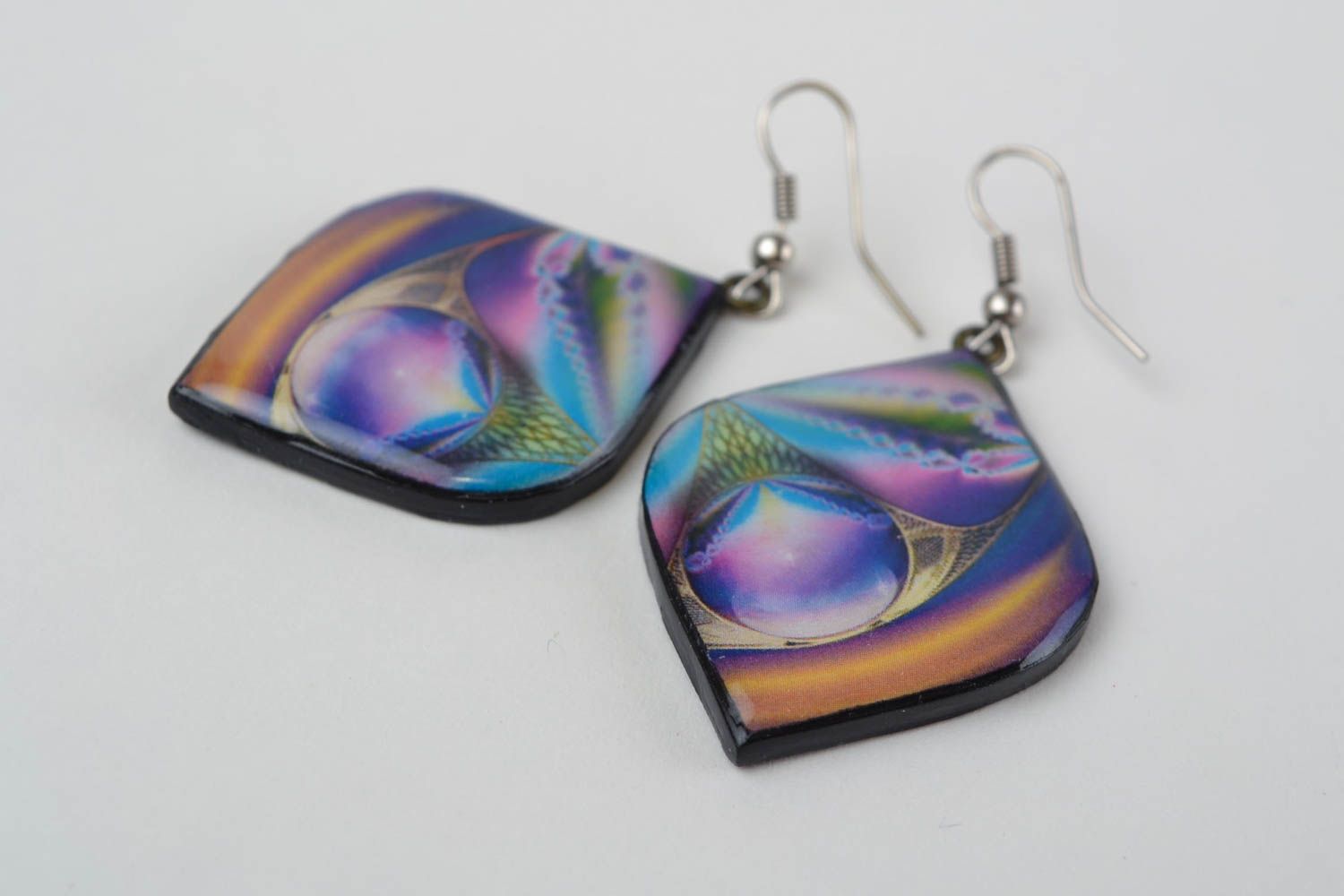 Handmade polymer clay decoupage dangling earrings in violet color palette Time photo 5