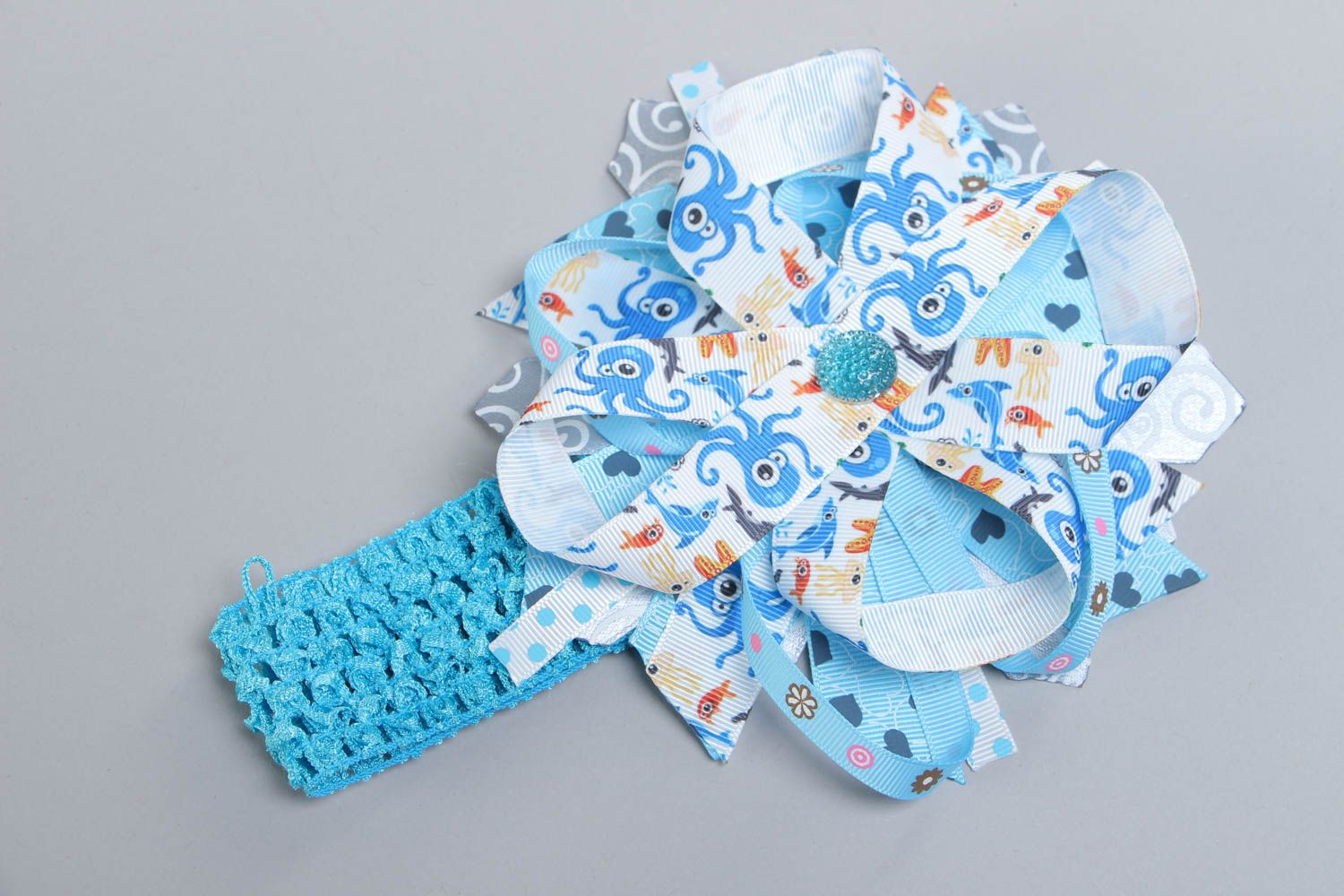 Tender handmade headband with stretch basis and bright blue satin ribbon bow photo 2