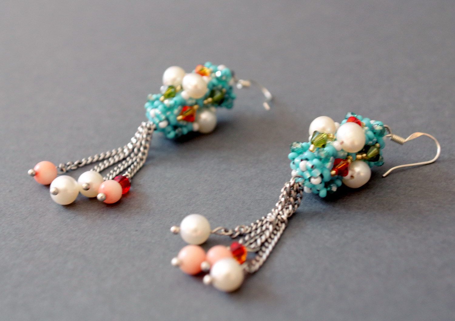 Earrings made of corals, Japanese beads, crystals Soft touch photo 1