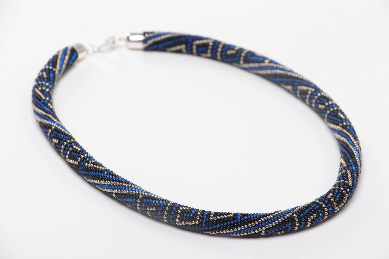 Handmade designer bead woven cord necklace ornamented in dark blue color palette photo 3