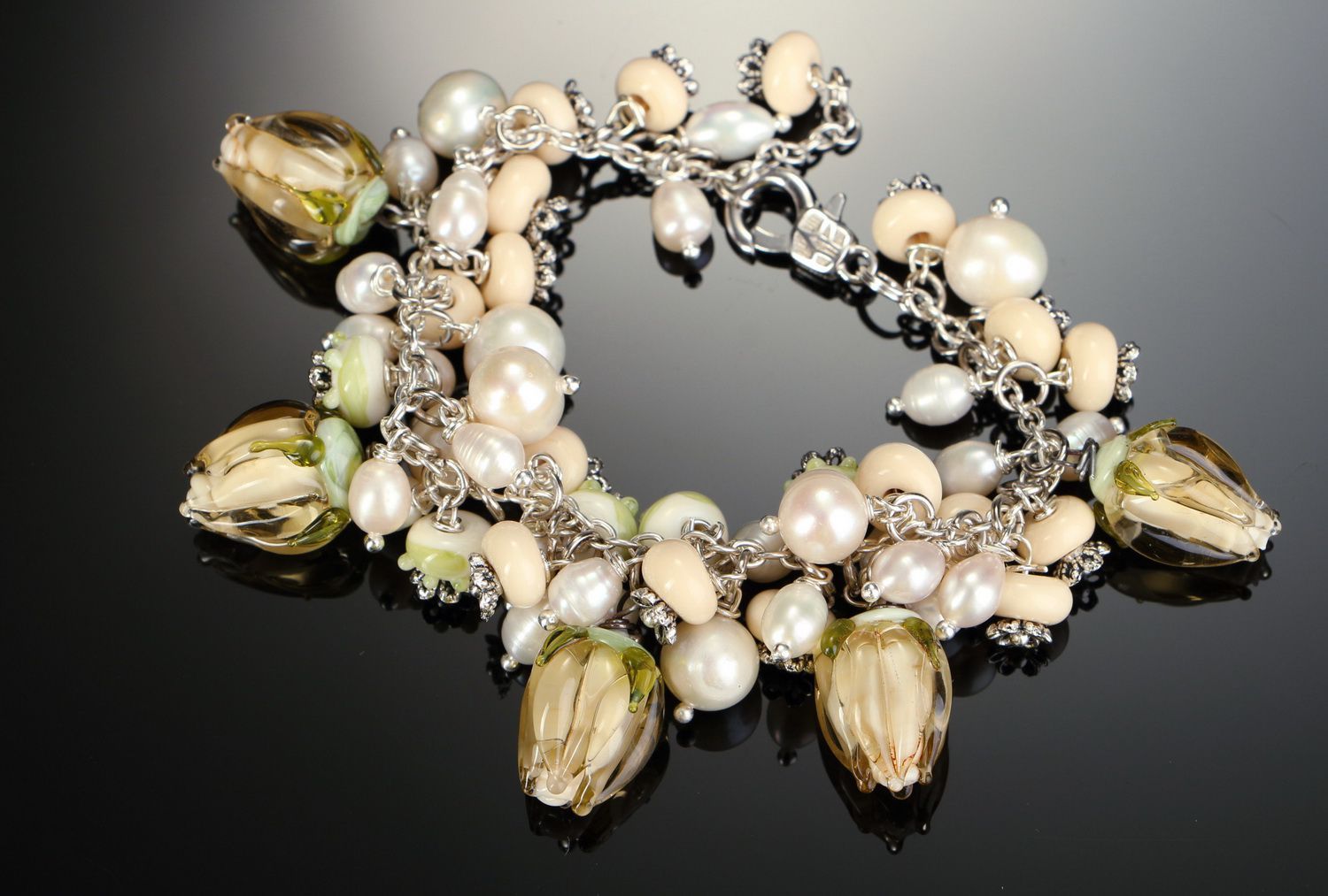 Bracelet en perles et verre Boutons beiges photo 3
