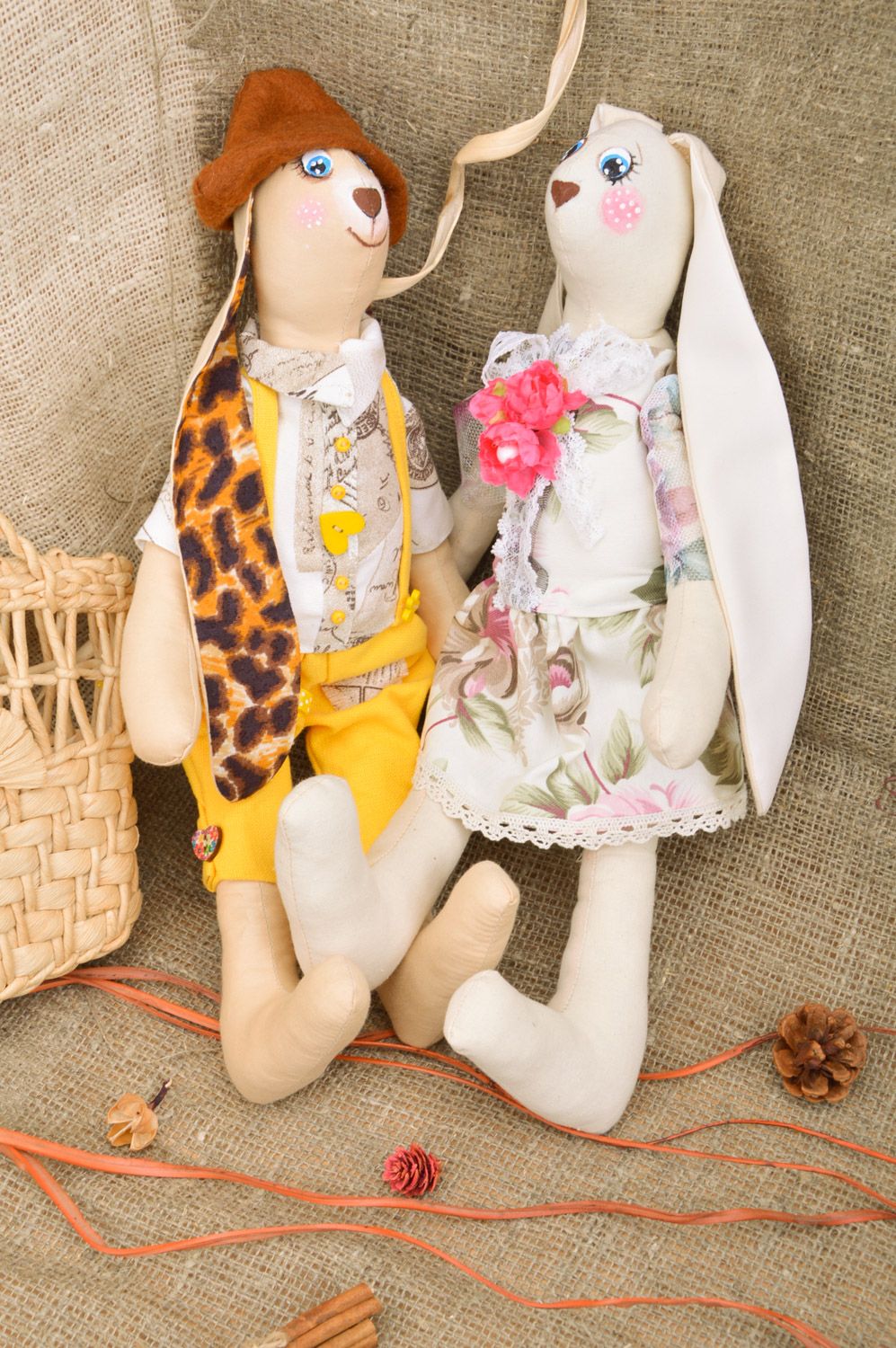 Handmade designer soft toys girl and boy rabbits sewn of tapestry fabric 2 items photo 1