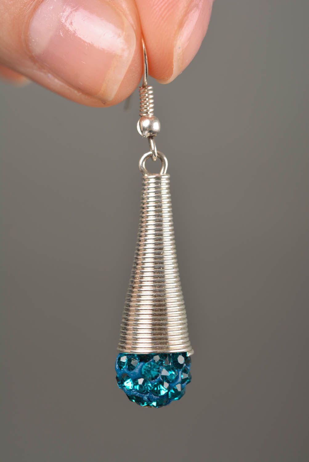 Handmade metal earrings with blue beads beautiful stylish handmade accessory photo 2