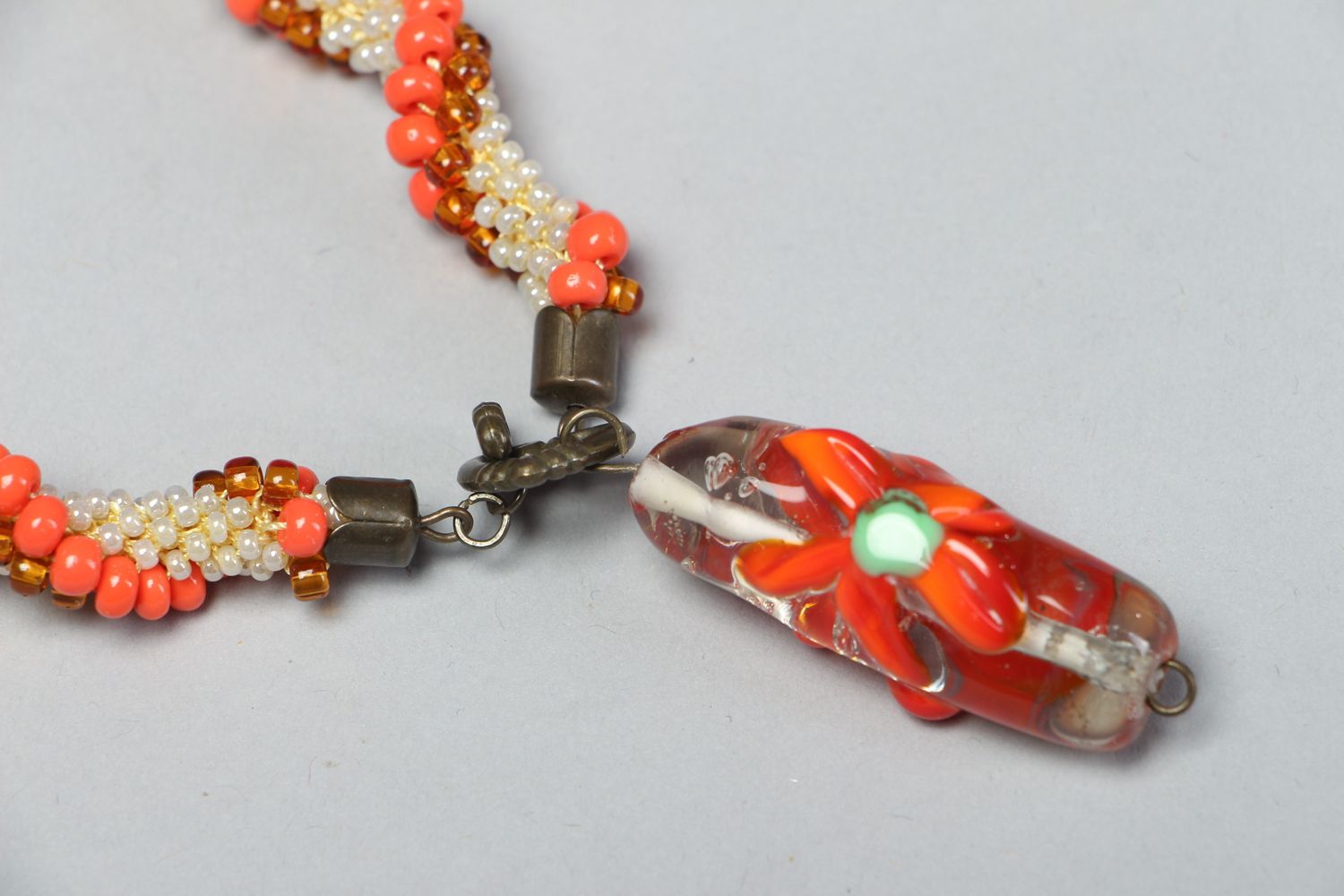 Beaded cord necklace with lampwork glass pendant photo 2