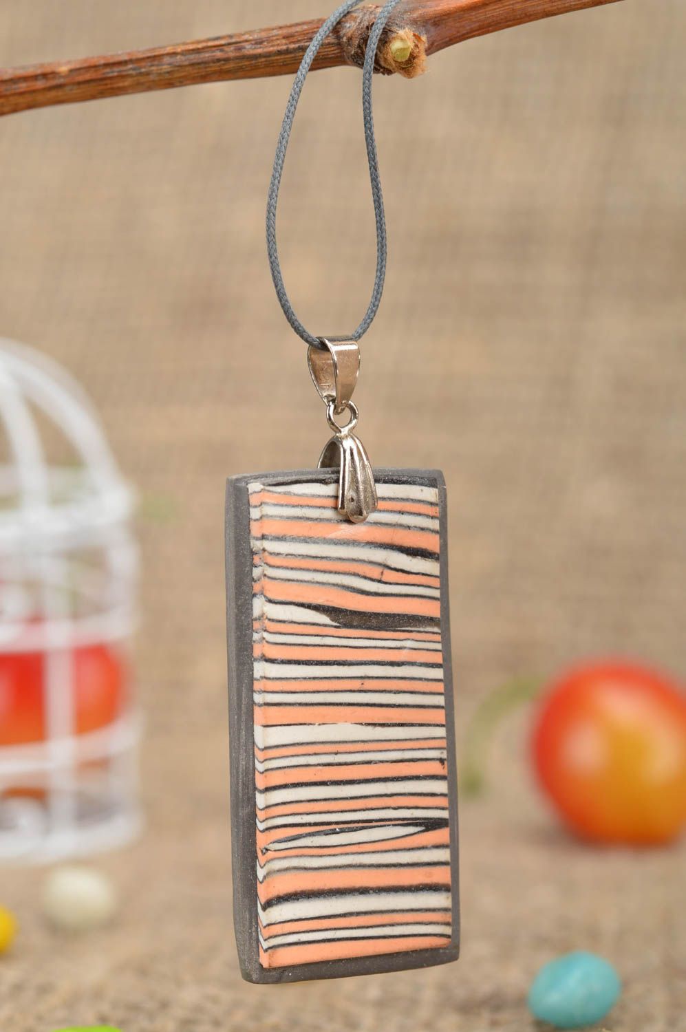 Set of jewelry made of polymer clay of rectangular form earrings and pendant photo 1