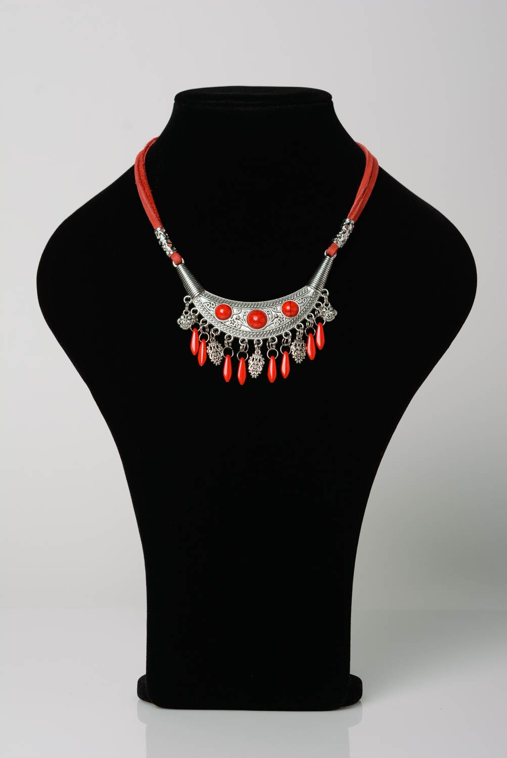 Beautiful designer evening necklace hand made of metal and leather of red color photo 2