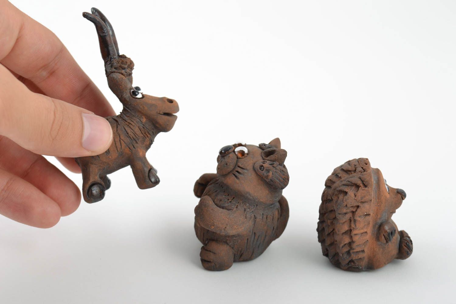 Set of handmade ceramic figurines 3 pieces goat cat and hedgehog home decor photo 1