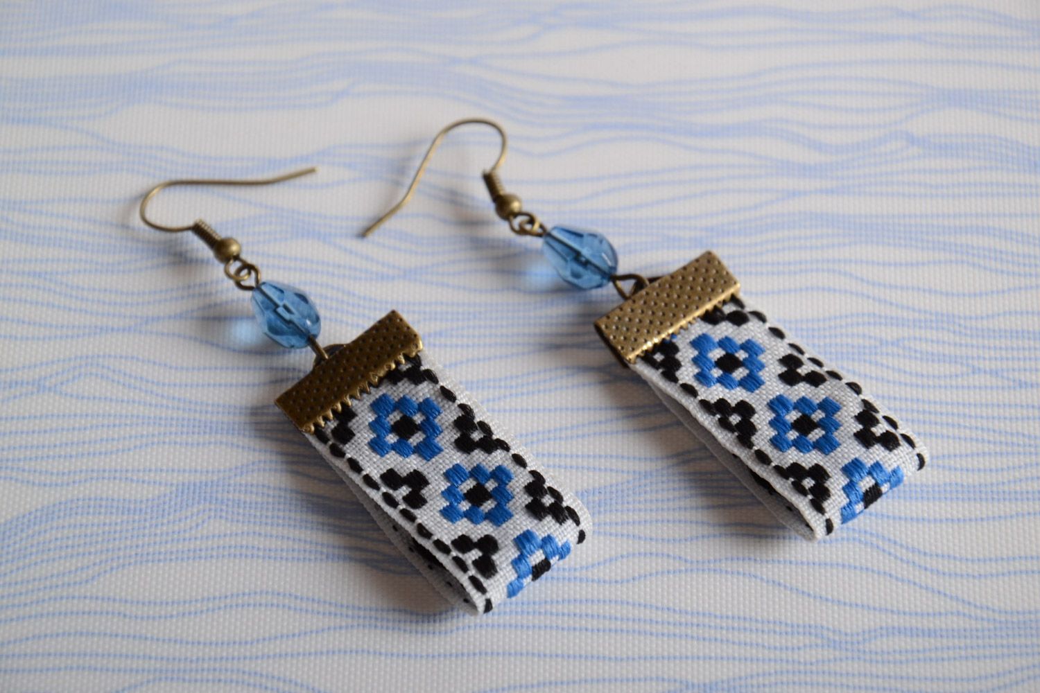 Handmade earrings made of lace with ethnic motifs white with blue for women photo 1