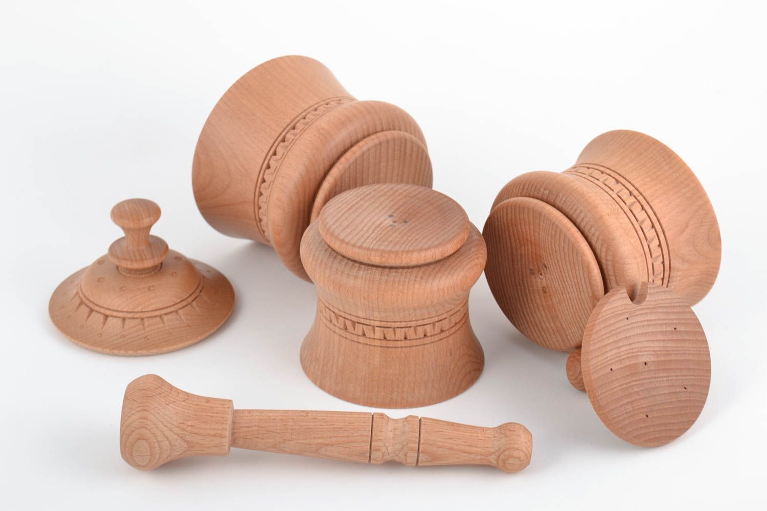 Set of 2 handmade natural wooden pots with lids and mortar with pestle for spice photo 5