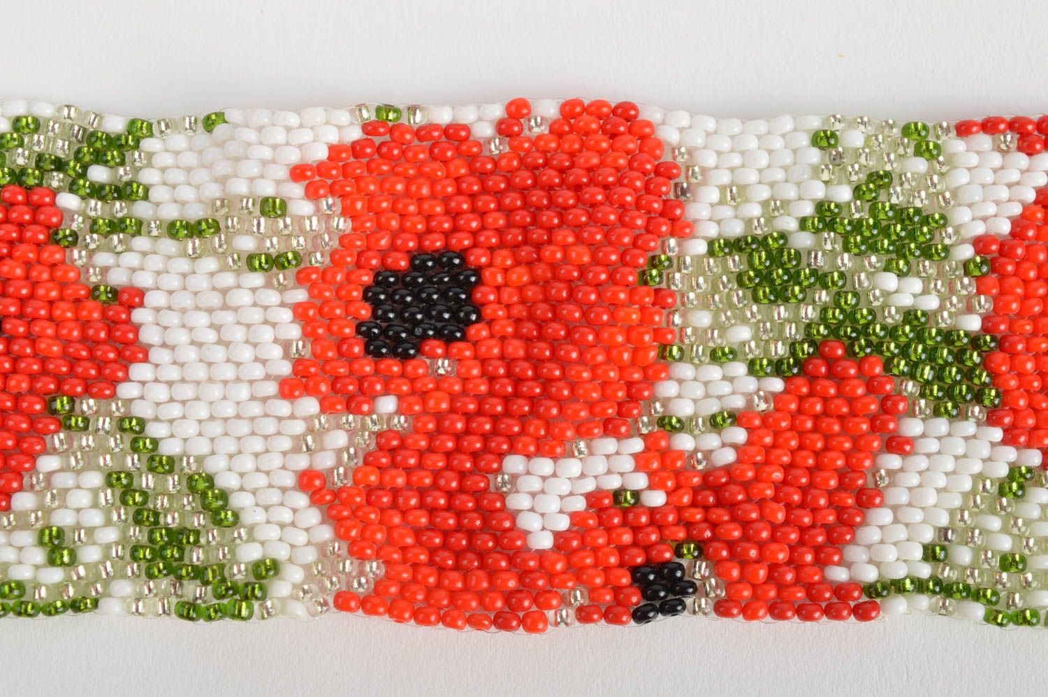Handmade designer wide bead woven cuff bracelet with red poppies ornament photo 4