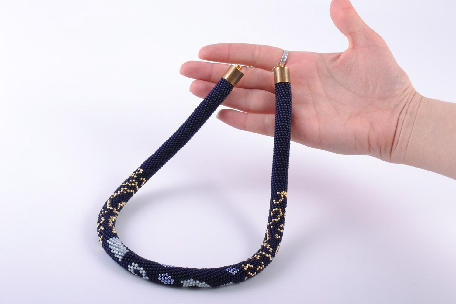 Handmade cord necklace with Czech beads of blue color with gold patterns photo 1