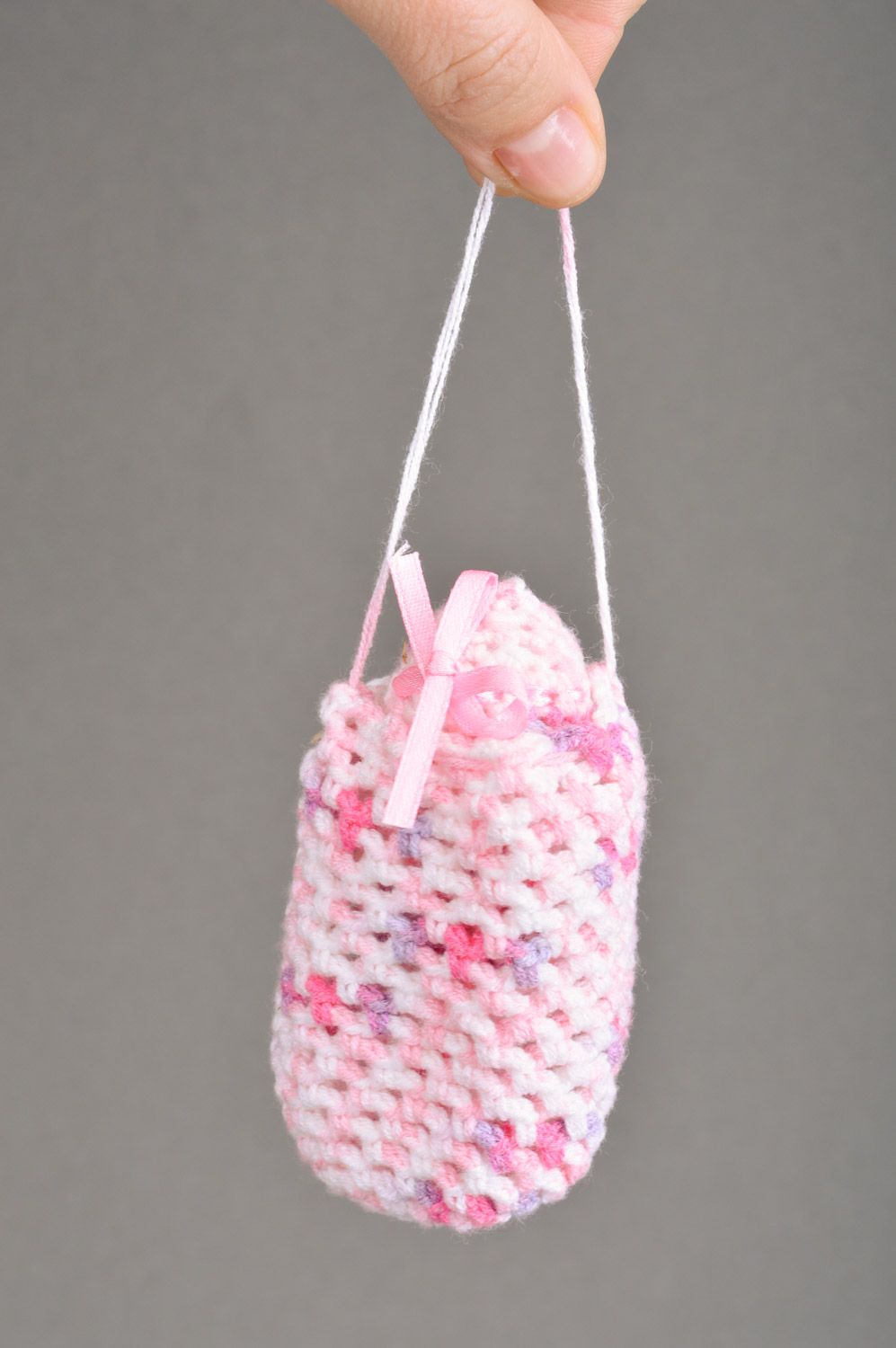 Handmade pink decorative Easter egg  in bag crocheted of semi-woolen threads photo 3