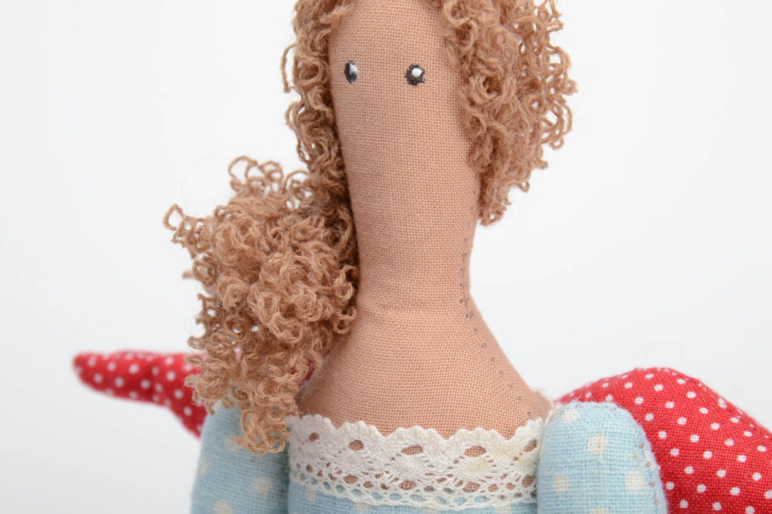 Handmade natural cotton fabric soft toy Fairy with curly hair red polka dot wings photo 3
