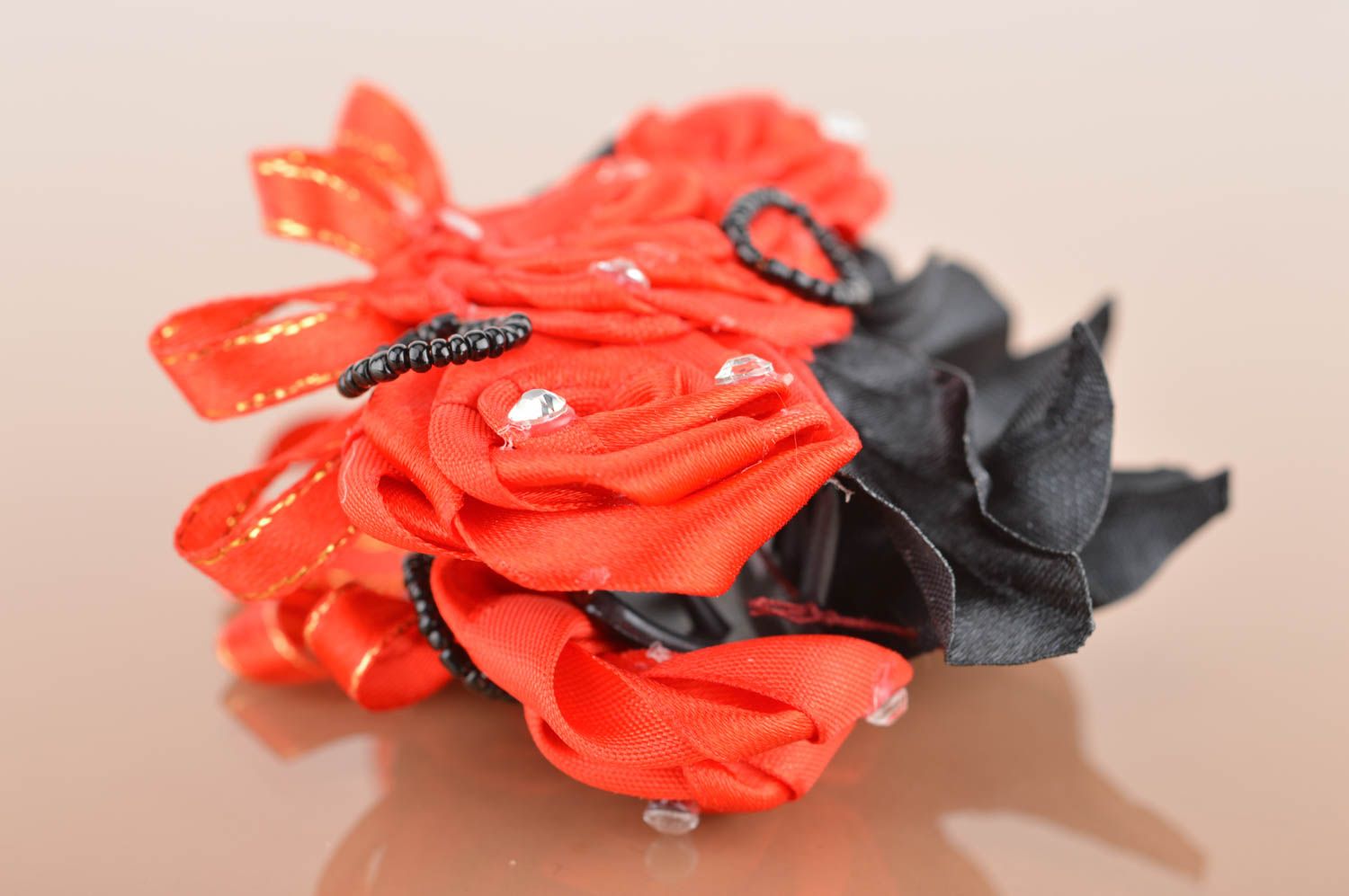 Red with black beautiful handmade hair pin made of fabric in shape of flowers photo 5