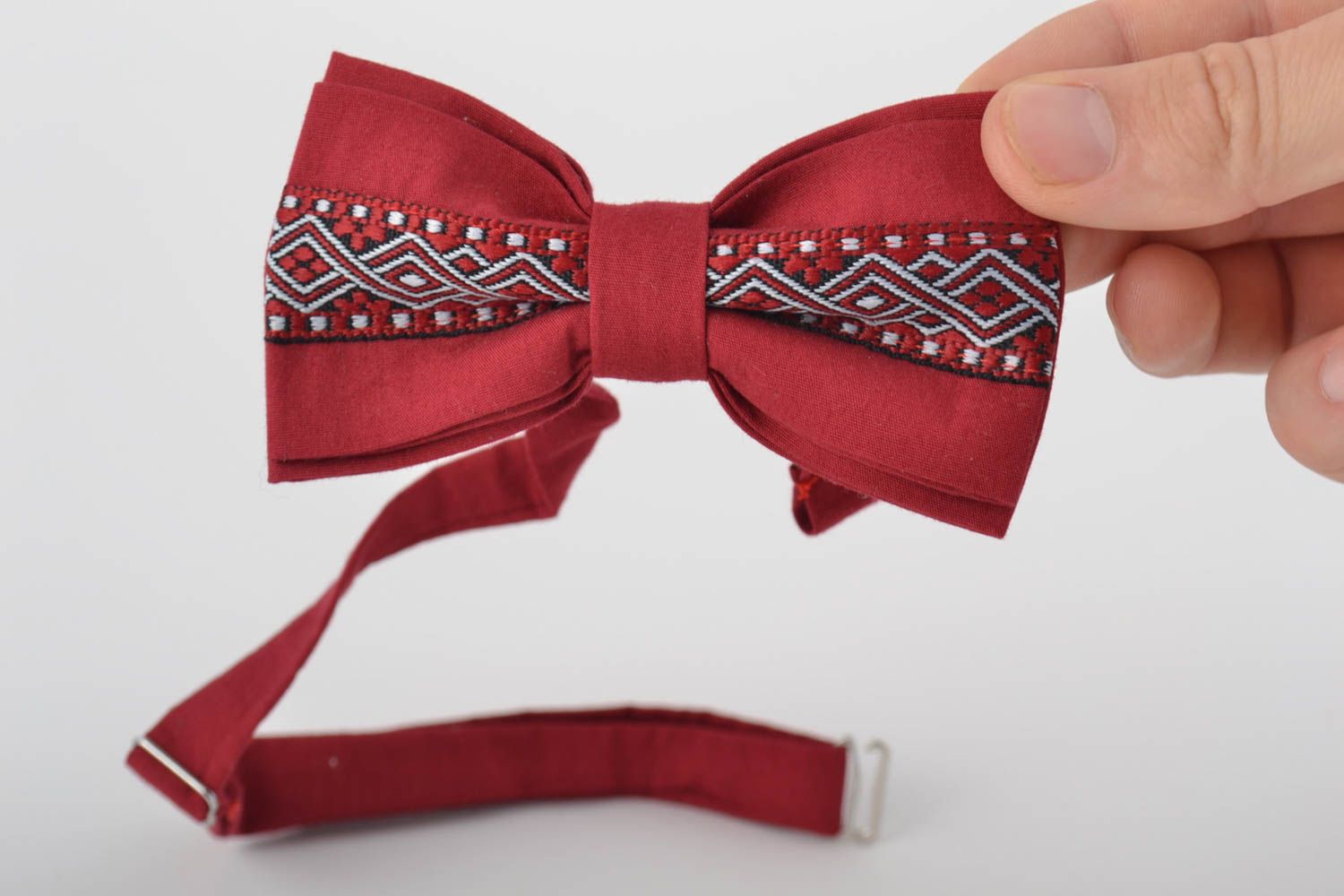 Beautiful claret handmade designer textile bow tie for men and women photo 4