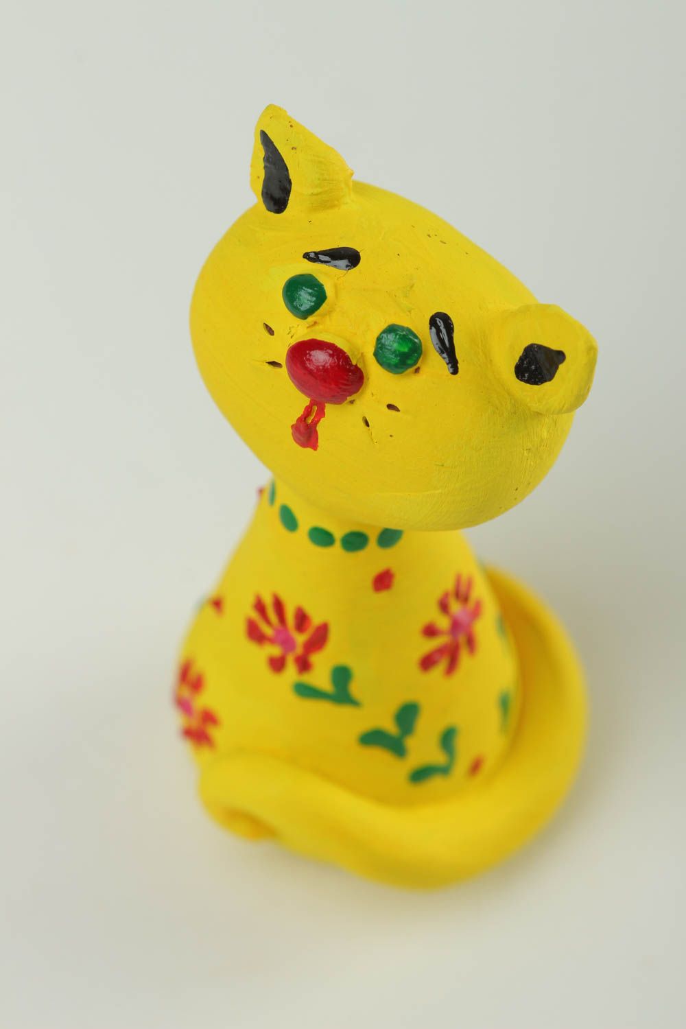 Statuette chat jaune Figurine design faite main en argile à fleurs Déco maison photo 3