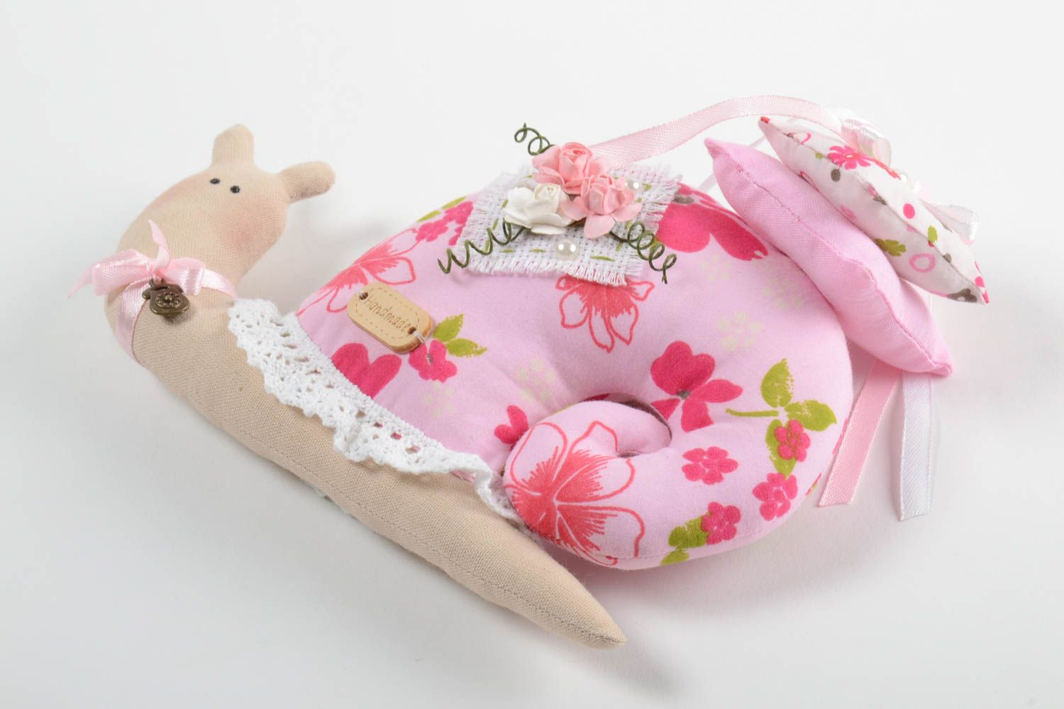 Handmade Kuscheltier Schnecke Stoff Tier Designer Geschenk aus Baumwolle rosa foto 2